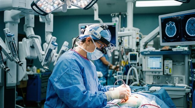 Surgeon performs delicate operation with robotic assistance in modern OR