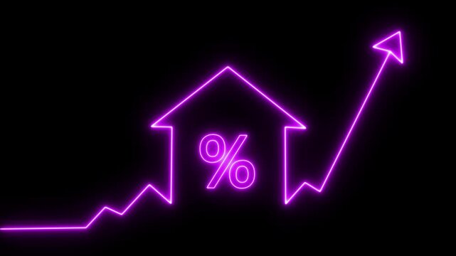 home icon house sign neon lights animation with up success arrow persentage increase.