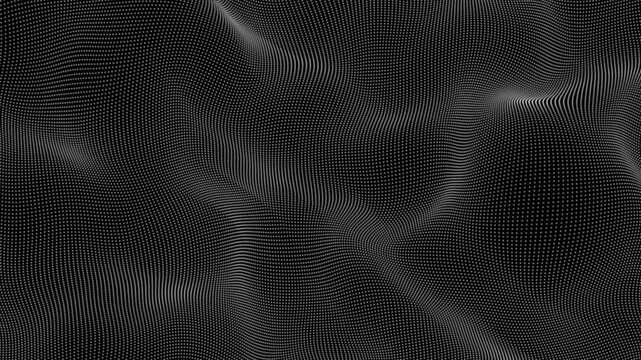 Vibrant dynamic white dot pattern particle forming an intricate abstract wave on a black background a captivating digital artwork showcasing movement and contemporary bold design