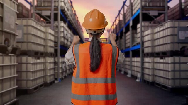 Back View Of A Female Engineer With Safety Helmet Raising Her Hands Celebrating While Working at Warehouse with Containers and Barrels