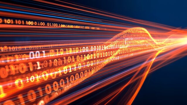 A vibrant digital tunnel of orange and yellow binary code streaming through a dark blue background with streaks of light conveying a sense of speed and technology
