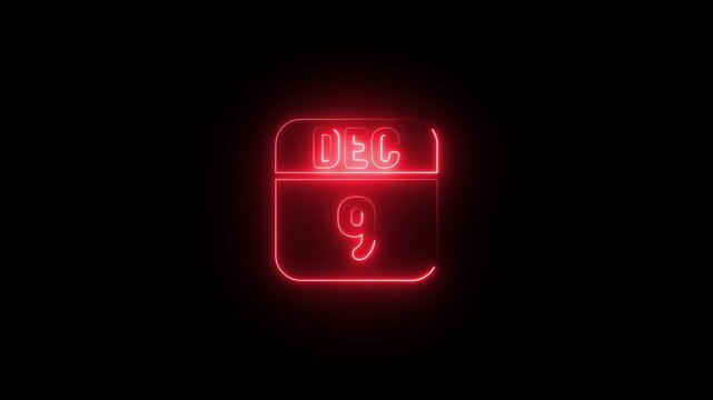 Neon Calendar December 9th Red Glowing Date Night Black Background