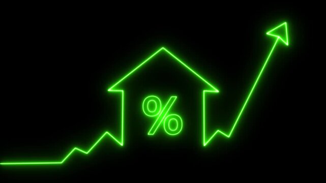 home icon house sign neon lights animation with up success arrow persentage increase.