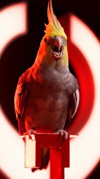 Close-up of a cockatiel bird with a yellow crest sitting on a perch with a red circular background.