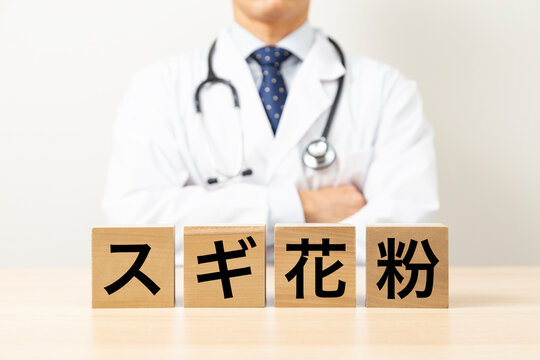 「スギ花粉」と書かれたブロックと医師