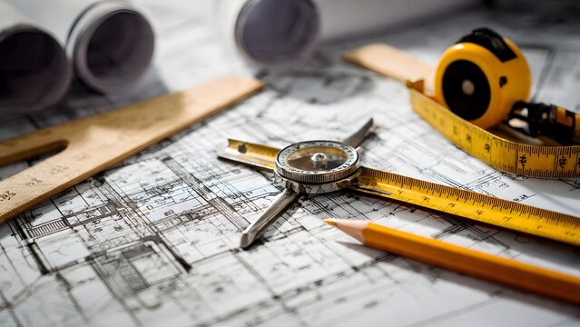Close up realistic shot of yellow measuring tape curved across structural blueprint, compass poised above circular column detail, pencil marking notes