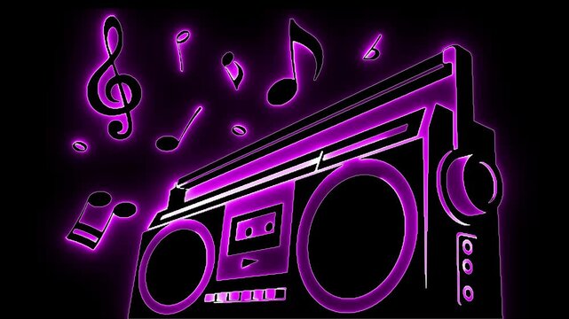 Retro boombox art. Purple neon glow. 80s music style. Synthwave aesthetic. Musical notes neon. Vintage radio icon. Party vibe design. Glowing audio art. Cassette player. Neon rhythm graphic.