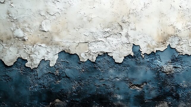 Old white paint is peeling away from a rough dark blue wall surface creating a ragged horizon line