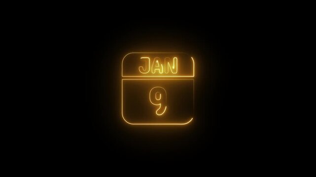 Glowing Neon Calendar January 9th Black Background Date Concept
