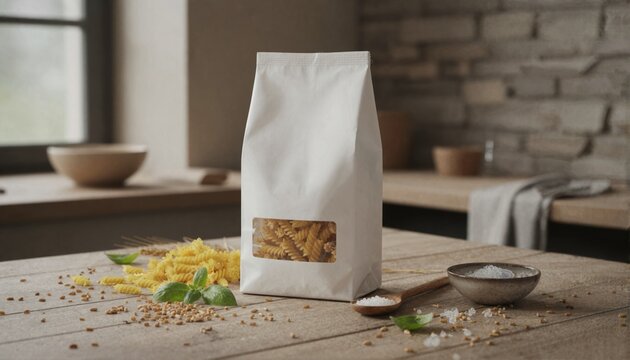 Pasta packaging on rustic wooden table with ingredients