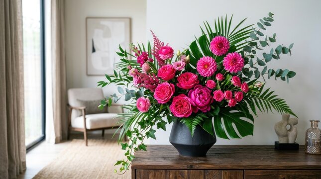 A vibrant floral arrangement with pink and red flowers, greenery, and a black vase in a modern, minimalist living room setting.