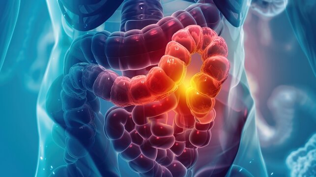 Medical illustration of Ulcerative Colitis, a chronic inflammatory bowel disease (IBD) that causes inflammation and ulcers in the inner lining of the colon and rectum. 