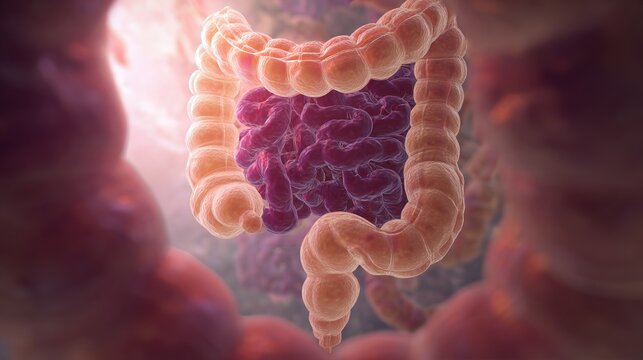 Medical illustration of Ulcerative Colitis, a chronic inflammatory bowel disease (IBD) that causes inflammation and ulcers in the inner lining of the colon and rectum. 