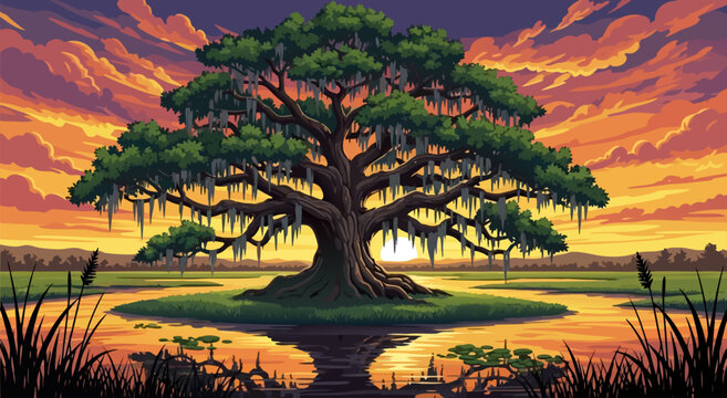 Sunset over the marshy landscape featuring a grand oak tree with Spanish moss, a vibrant vector illustration