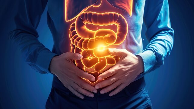 Medical illustration of Ulcerative Colitis, a chronic inflammatory bowel disease (IBD) that causes inflammation and ulcers in the inner lining of the colon and rectum. 