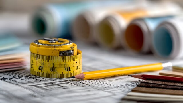 Professional studio shot of yellow tape measure, compass, and pencil forming a subtle triangle over facade detail blueprint, rolled elevation plans