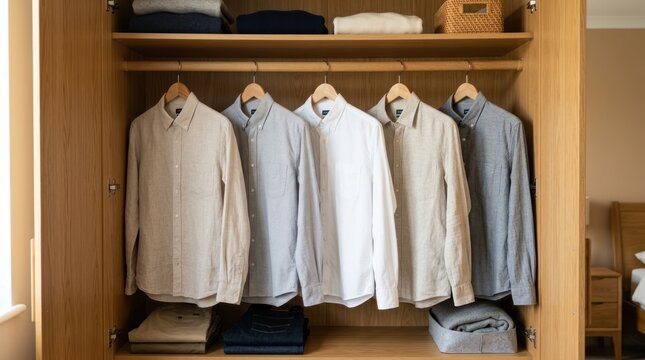 A neatly organized closet with a variety of shirts hanging on wooden hangers.