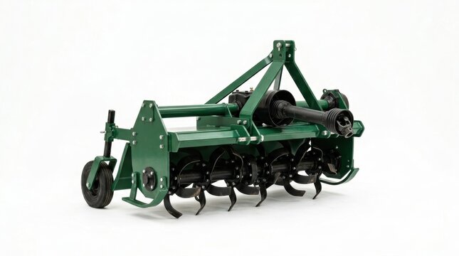 Green agricultural rotary tiller with black tines and a power take off shaft Isolated on a clean white background