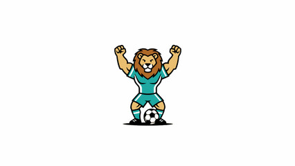 Obraz premium Lion soccer mascot character celebrating victory with ball