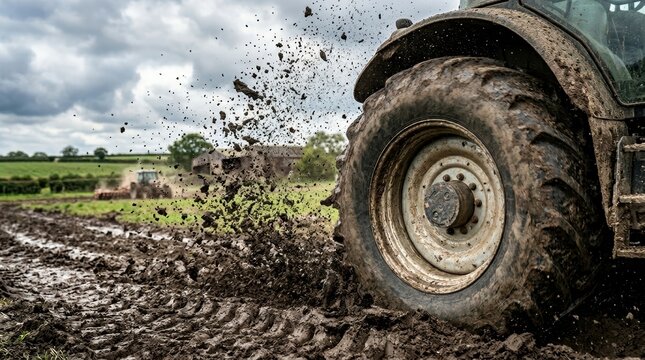 Large mud covered tractor tire churning through a wet rutted field splashing soil Another tractor in distance cloudy sky