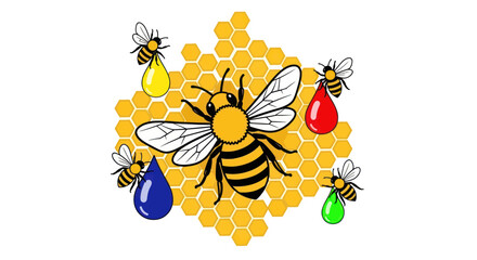 Bees collecting colorful nectar drops around honeycomb © Roni