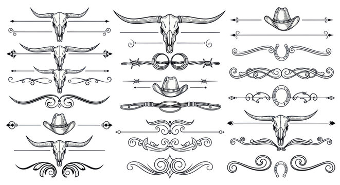 Western Decorative Elements: Longhorn Skulls, Cowboy Hats, Horseshoes & Ornate Borders