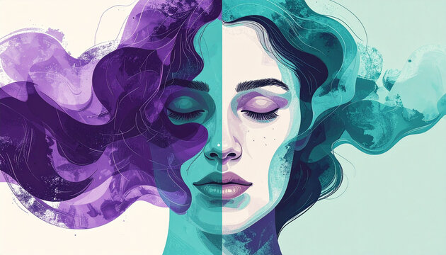 Mental Disorder Abstract Concept Flat Illustration Two Woman Faces Doppelganger Purple Teal