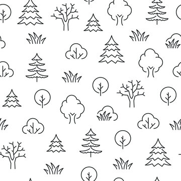 Seamless pattern with trees. Black and white thin line icons