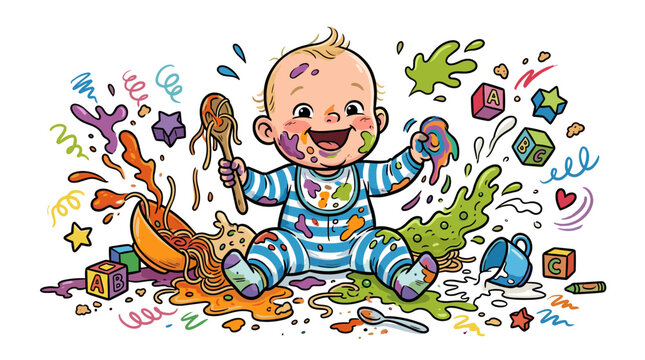 Happy baby making a colorful food mess with pasta and paint