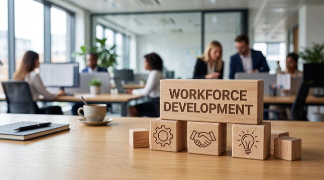 Workforce development concept illustrated with wooden blocks and business icons on an office desk symbolizing strategic growth and human resource training in a modern corporate setting