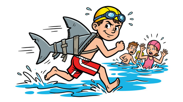 Boy wearing shark fin costume running through water towards scared swimmers