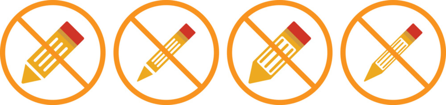 no Pencil icon. Writing tool prohibition symbols. No graphite pencil graphic design. Black and red prohibition signs with pencil and notebook on white background Keywords.Stationery restriction and 