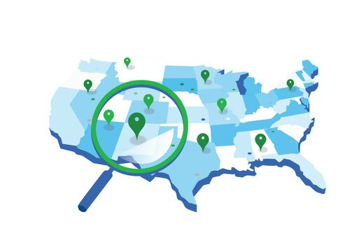 US Map with Location Pins and Magnifying Glass Highlighting Regional Search and Geolocation Concept