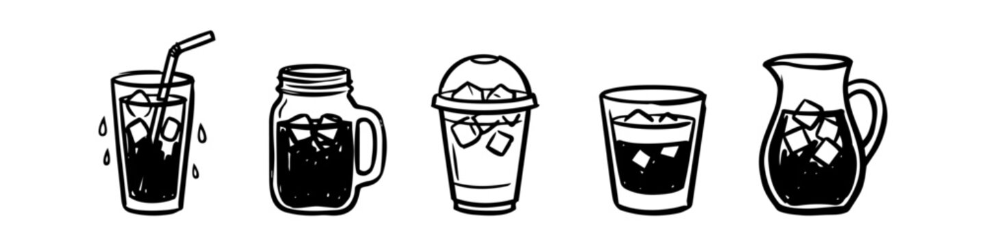 Distinct glass and straw set in outline style. Glass, Straw and Mason Jar Monochrome Icon Set. High quality stock illustration with clear subject focus, cohesive composition, and versatile commercial.