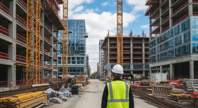 Construction site of modern high rise buildings in urban real estate development