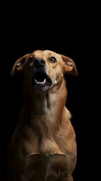 Aggressive Dog Barks and Growls in Dark Studio Portrait.