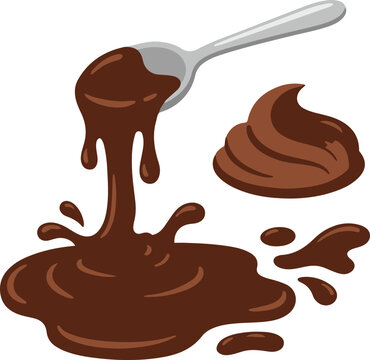 Vector illustration of melted chocolate dripping from a spoon, forming a glossy splash and puddle, isolated on a light background.