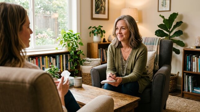 Empathetic female therapist listens to client, taking notes in a supportive setting