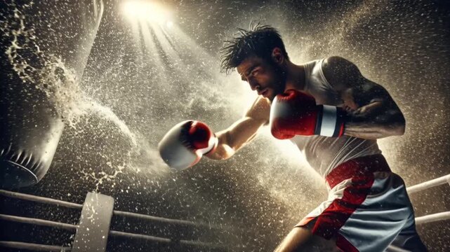 Video of boxer mid punch with gloves intense motion sweat particles burst showing power energy and competitive fight action