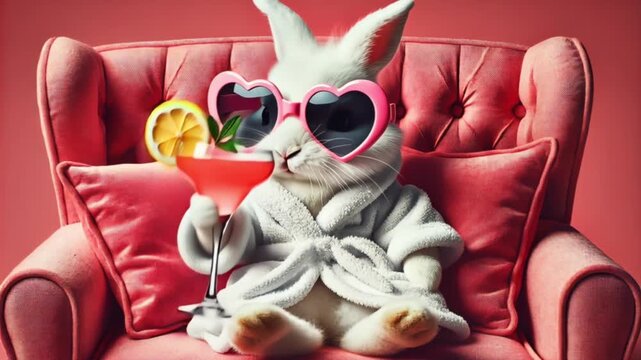Video of bunny lounging on pink sofa wearing bathrobe and sunglasses showing funny relaxed cute lifestyle and playful comfort scene