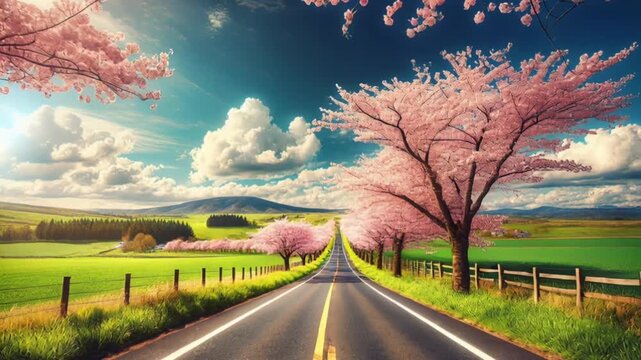 Video of country road lined with cherry blossom trees under blue sky clouds creating calm scenic spring travel landscape