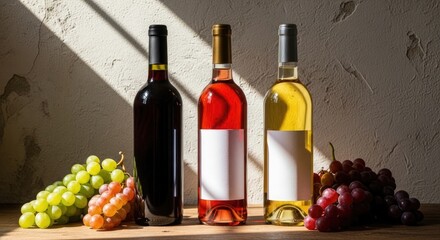 Obraz premium Wine bottles and grapes on a wooden table