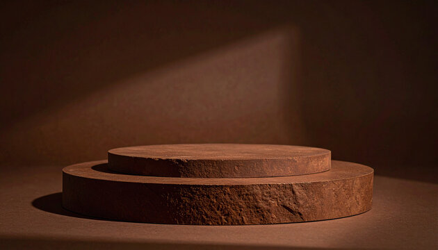 3d Moody deep brown round pedestal for advertising with atmospheric lighting. Rich earth tone stage, possibly stone or sandstone texture, on dark brown background. Ideal for coffee, chocolate day.