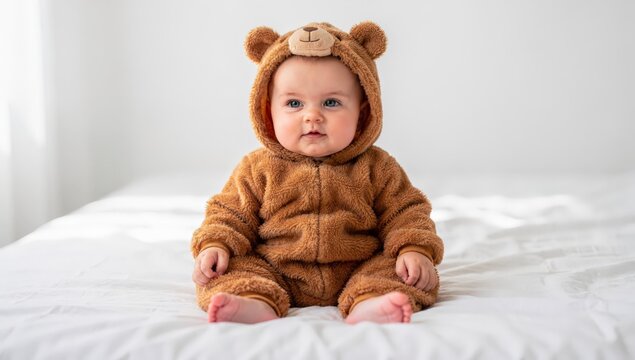 Baby Dressed As Bear On Bed, Child In Plush Bear Costume Sitting Comfortably And Observing, Adorable Infant Wearing Soft Bear Costume Seated Peacefully On Bed With Gentle Lighting