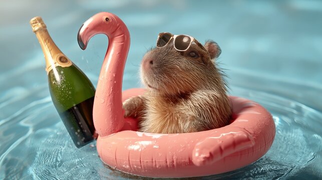 Capybara wearing sunglasses relaxes in pink flamingo float with champagne bottle in a swimming pool, water glistening in the background