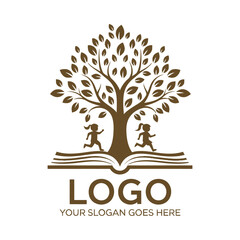 Obraz premium Tree logo with children running around book base vector illustration