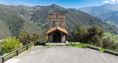 Naklejka premium Aerial drone view of San Miguel in Potes Cantabria Spain hermitage and viewpoint near Santo Toribio with Picos de Europa on a sunny day