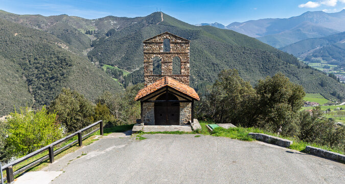 Aerial drone view of San Miguel in Potes Cantabria Spain hermitage and viewpoint near Santo Toribio with Picos de Europa on a sunny day
