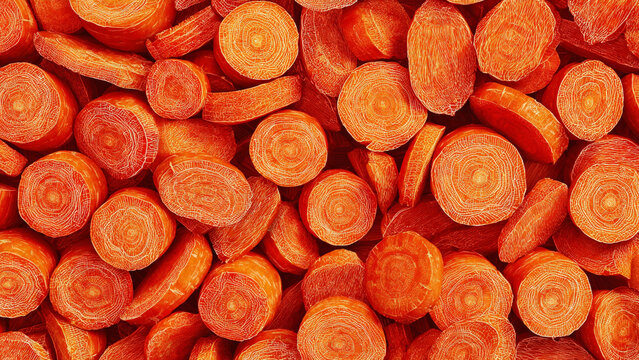 Hand-painted watercolor illustration of carrots in full frame composition, dense overlapping vegetables with bright orange tones and natural texture, perfect for food background.