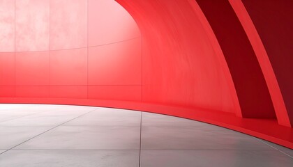 Obraz premium Abstract red curved architecture background, Empty curve wall space with concrete floor, Modern exterior backdrop, Minimal building
